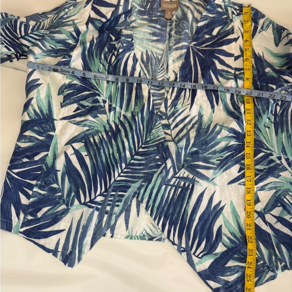 Chico’s Tropical Blue Leaf Print 100% linen open cardigan in size XL (3) - Picture 7 of 13
